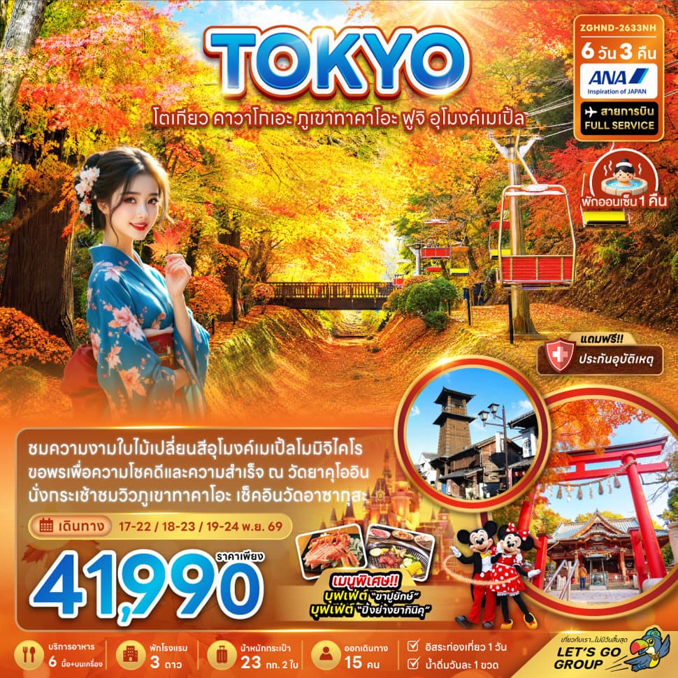 โตเกียว คาวาโกเอะ ภูเขาทาคาโอะ ฟูจิ อุโมงค์เมเปิ้ล (เที่ยวอิสระ 1 วัน) - ทัวร์ 6 วัน 3 คืน